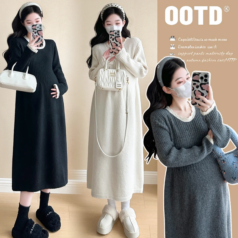 2025秋冬新款毛衣针织孕妈连衣裙花边拼接宽松打底裙春秋装外穿