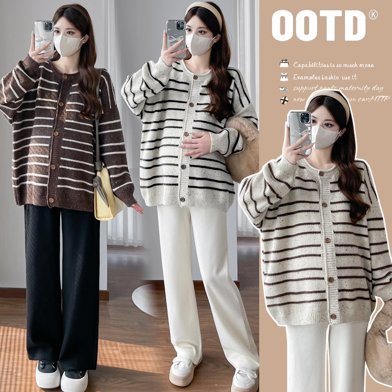 孕妇装秋冬款2025新款开衫慵懒风条纹孕妇毛衣开衫春秋季孕妇上衣