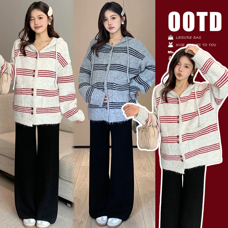 孕妇装2025秋冬套装韩版时尚休闲条纹加厚毛衣外套+阔腿裤两件套