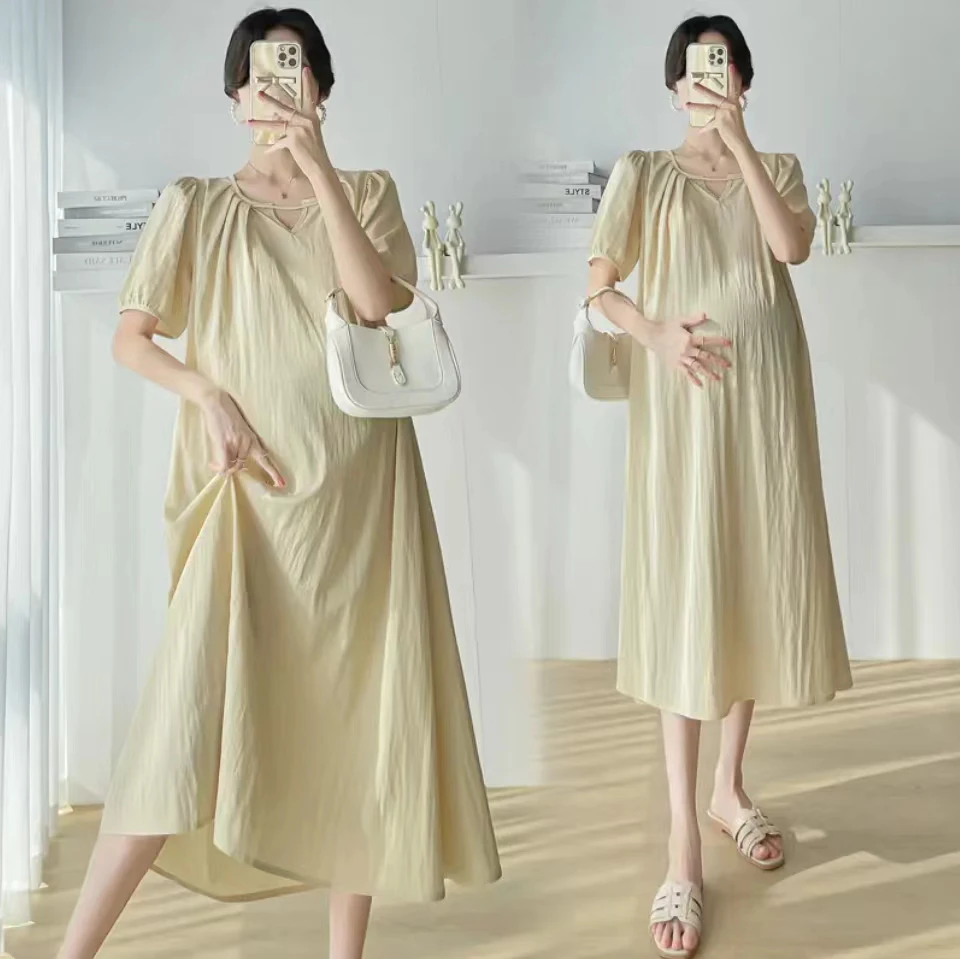 孕妇装2025夏装新款法式气质v领孕妇连衣裙中长款辣妈孕妇连衣裙