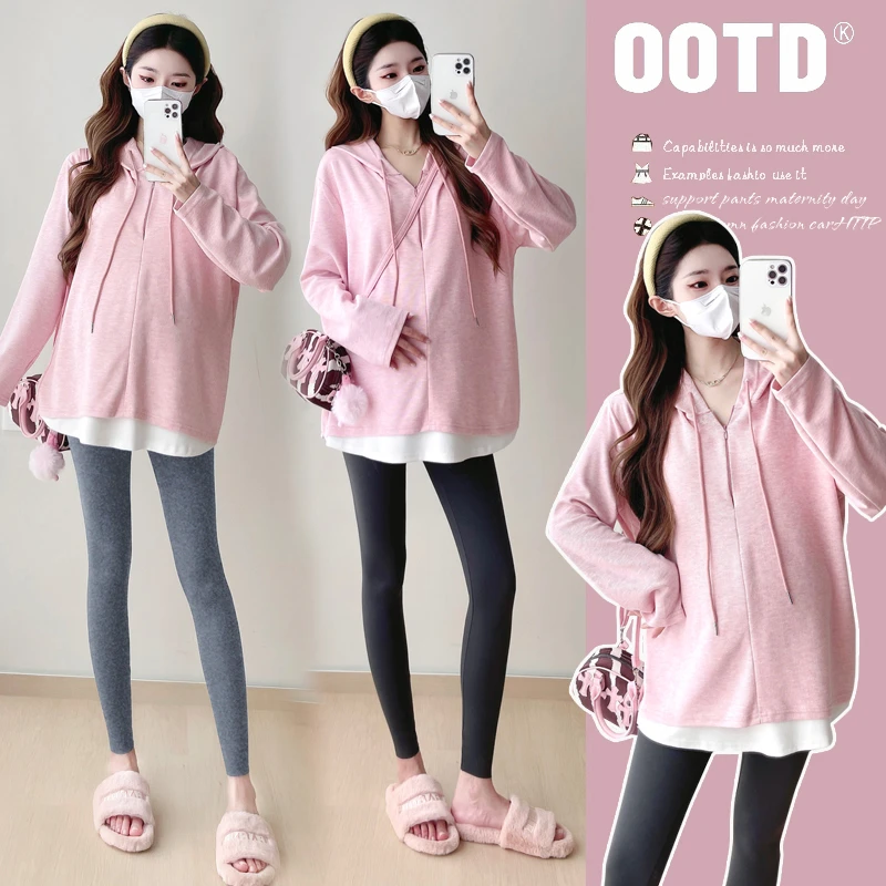 孕妇装2025装简约韩版休闲连帽春秋卫衣/绒衫假两件上衣怀孕衣服