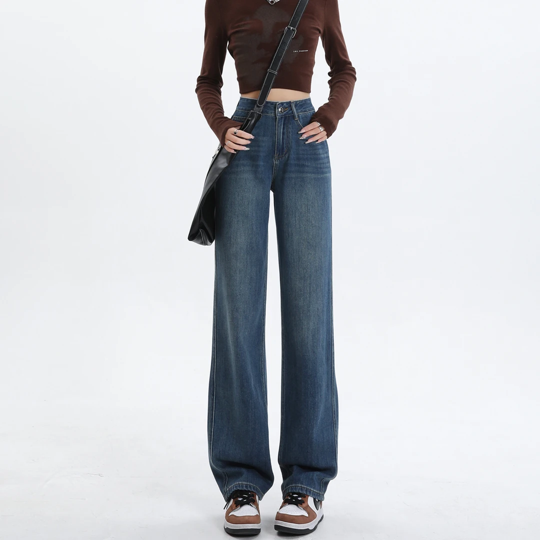 窄版直筒复古牛仔裤女高腰显瘦显高百搭春季简约梨形加长拖地长裤