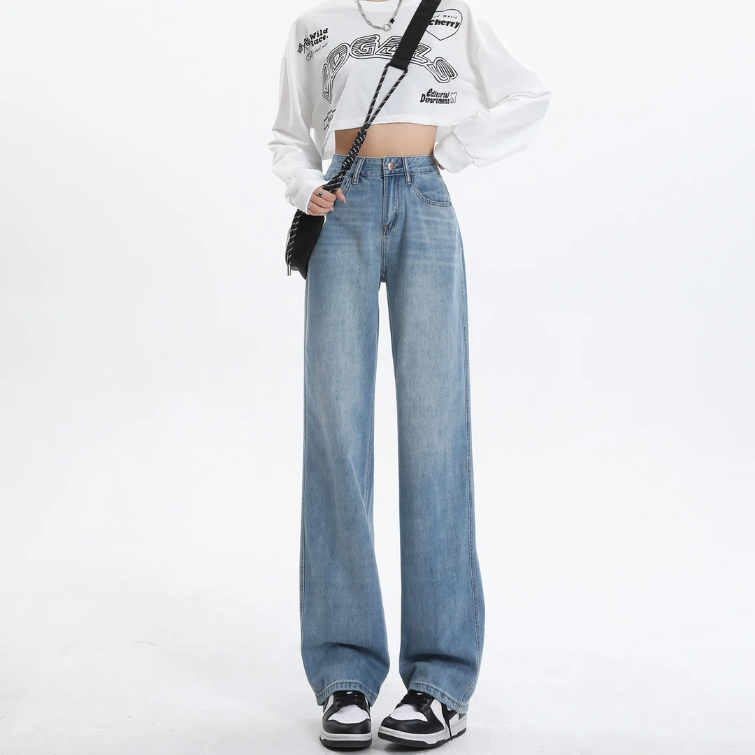 2025年新款窄版直筒复古牛仔裤女高腰显瘦秋季简约梨形拖地长裤子