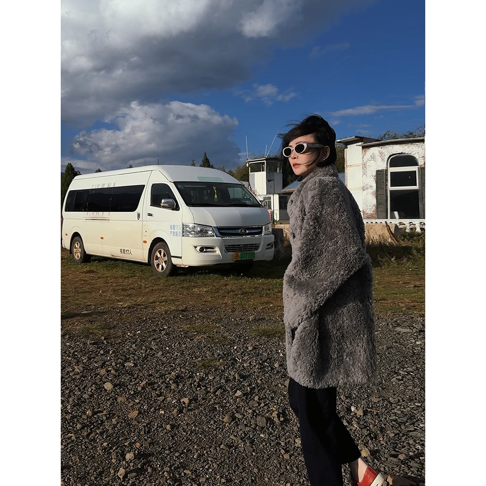 SHIIEELL百搭老钱风洋气气质立领绵羊毛颗粒宽松中长外套女Z1508