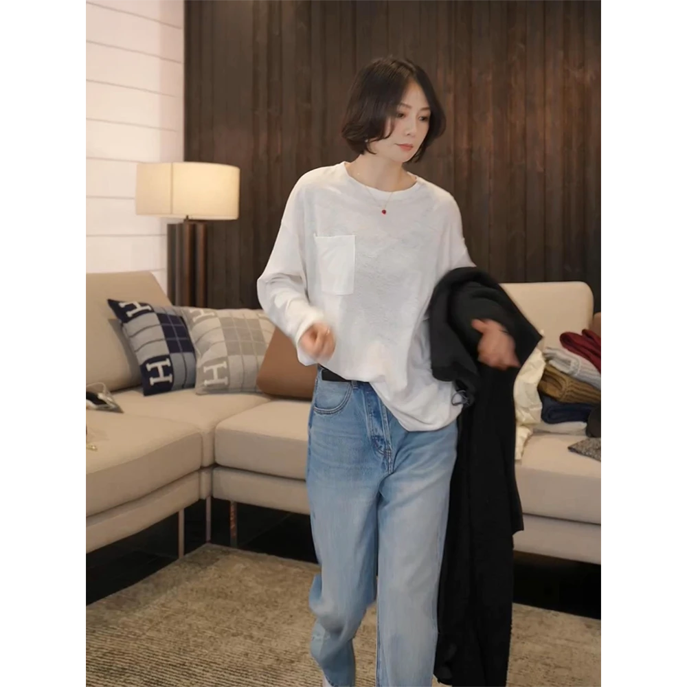 SHIIEELL【露水薄荷】糖霜白亚麻棉纯色宽松简T百搭长袖上衣Z1393