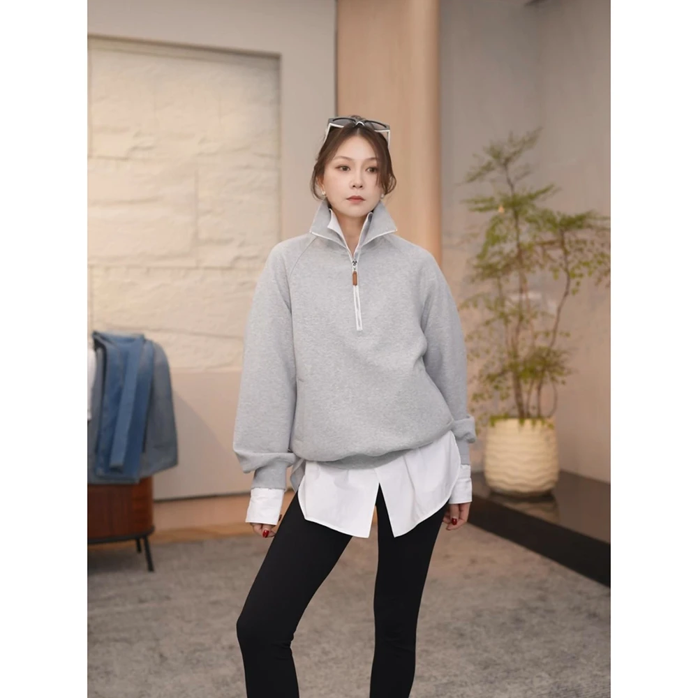 SHIIEELL【格调卫衣】灰色半高领卫衣女新款宽松百搭套头上衣Z7204