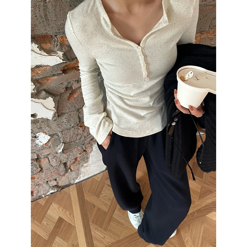 SHIIEELL高定超舒花纱棉米白灰亨利V领打底衫Z1290