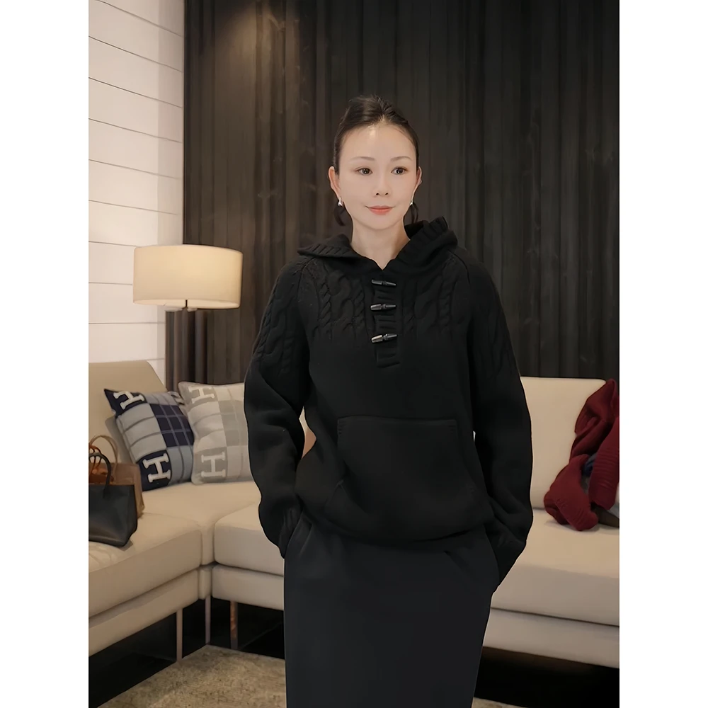 SHIIEELLWD设计师款编花连帽百搭时尚洋气休闲羊毛针织衫女Z8128