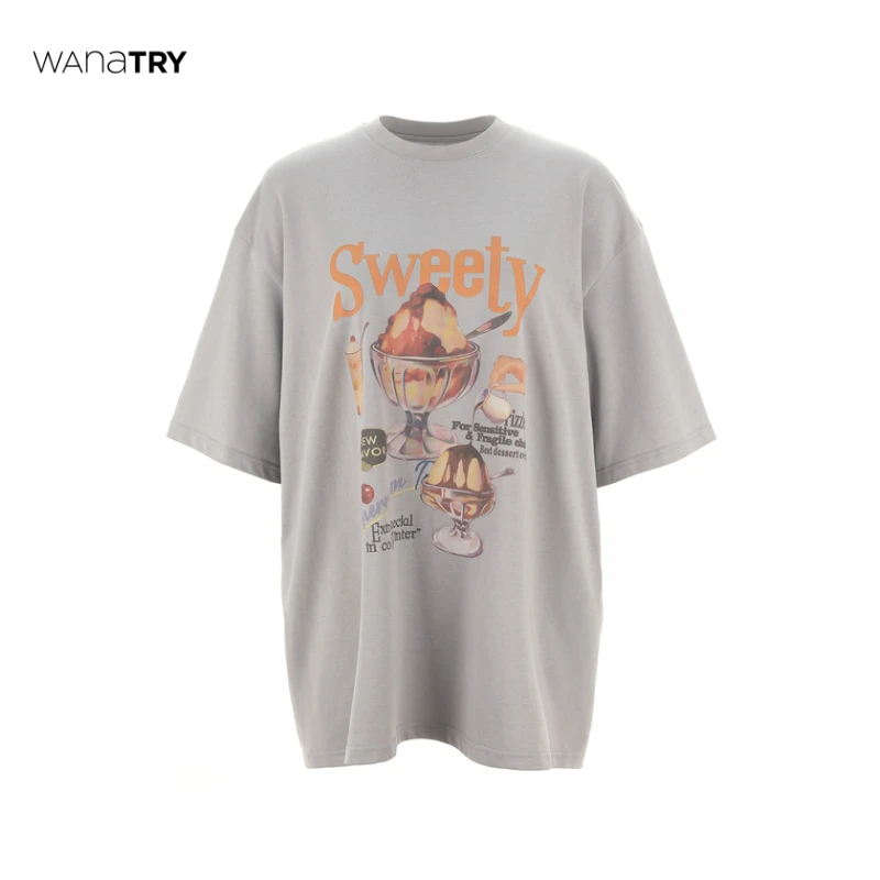 Wana try浅灰色甜品满满趣味印花T恤【达人】