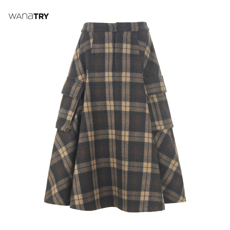【自播专享】Wana Try 秋冬时尚百搭咖色格纹大口袋设计感羊毛伞裙