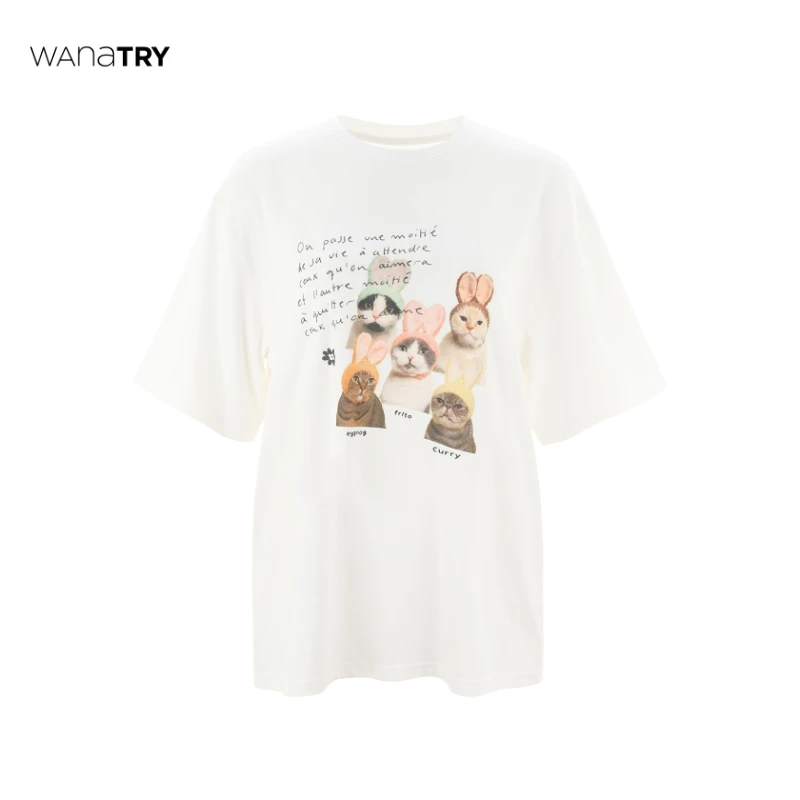 【直播专享】Wana Try白色“端庄猫猫家族照”趣味印花短袖