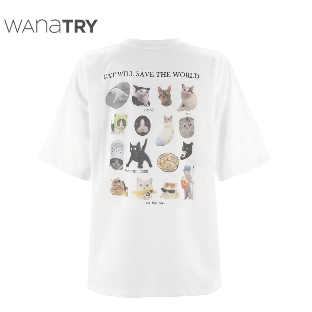 Wana Try明星同款“猫猫拯救世界”趣味印花百搭T恤【达人】