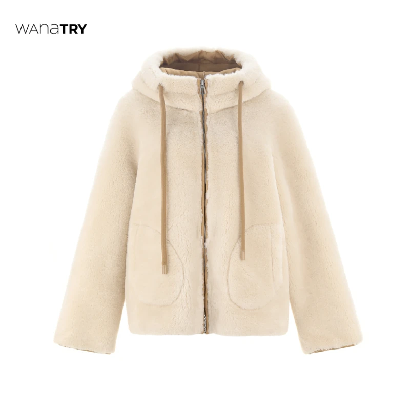 Wana Try现货明星同款米色柔软超舒适休闲毛绒连帽外套宽松