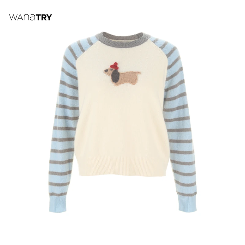 【自播专享】Wana Try 秋冬时尚蓝色条纹戴帽小狗圆领羊毛休闲毛衣