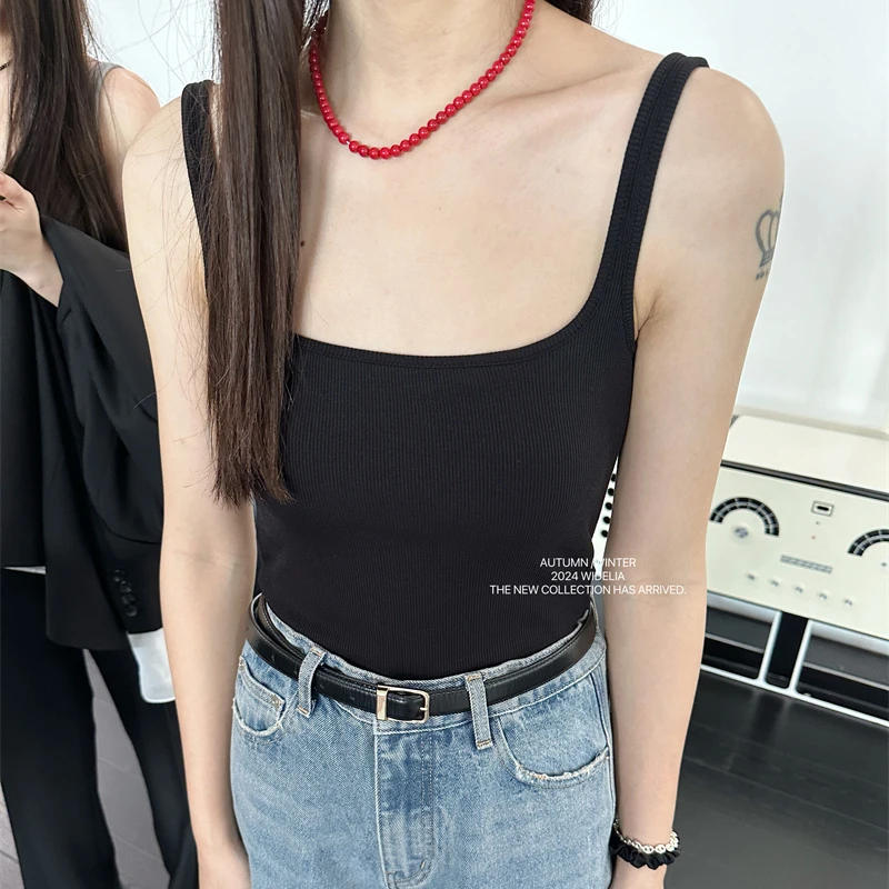 widelia林宝宝韩版休闲百搭时尚纯色V领修身针织吊带背心8075