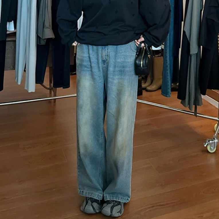 widelia林宝宝韩版休闲百搭时尚水洗高腰直筒旧色复古牛仔裤D0323