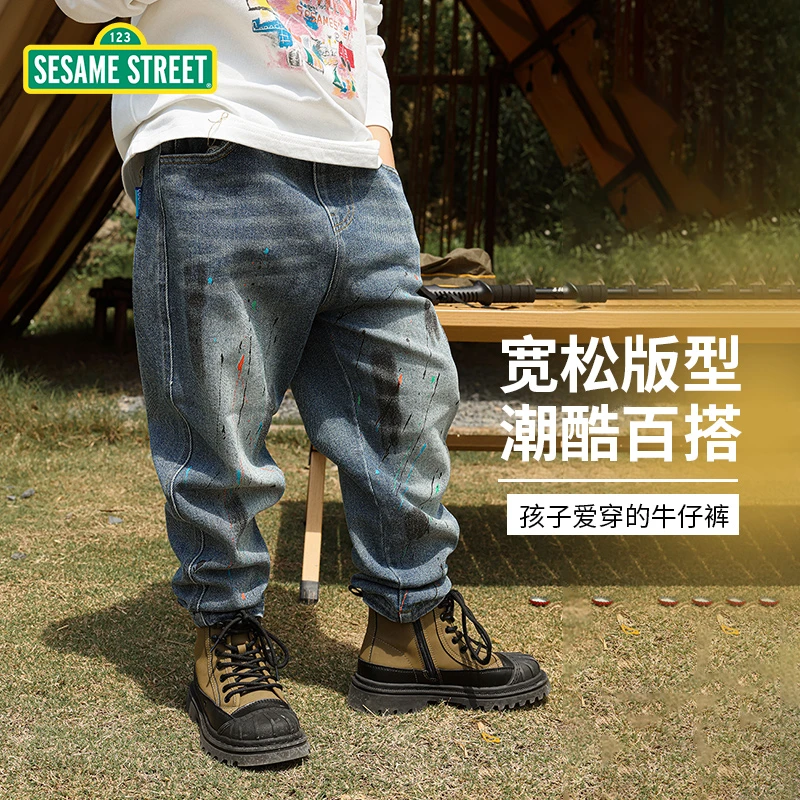 【ZB】芝麻街秋季新款儿童个性漆印孩子百搭牛仔裤ZQAM023