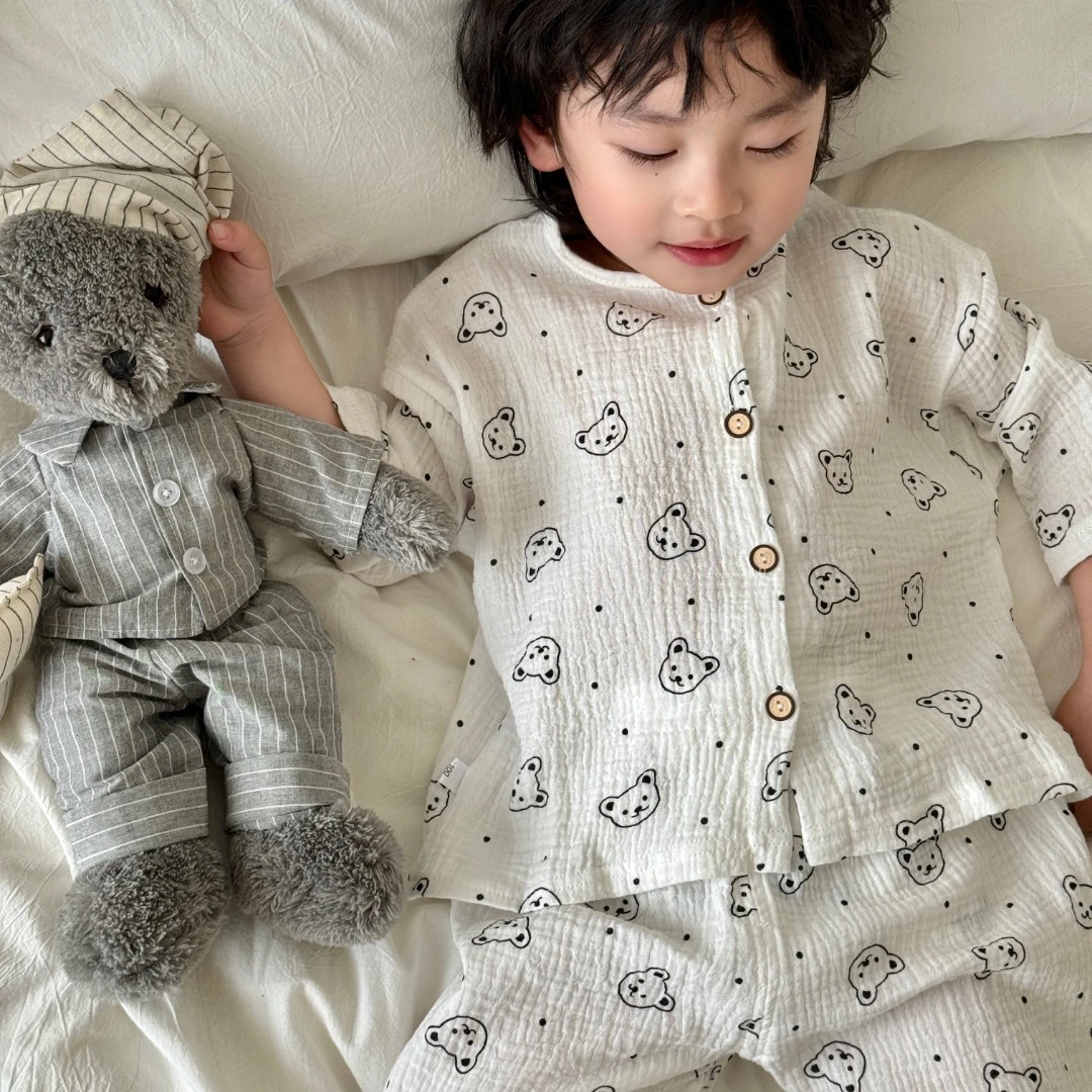 儿童纯棉纱布睡衣春夏棉纱家居服男女童百搭韩版套装宝宝长袖
