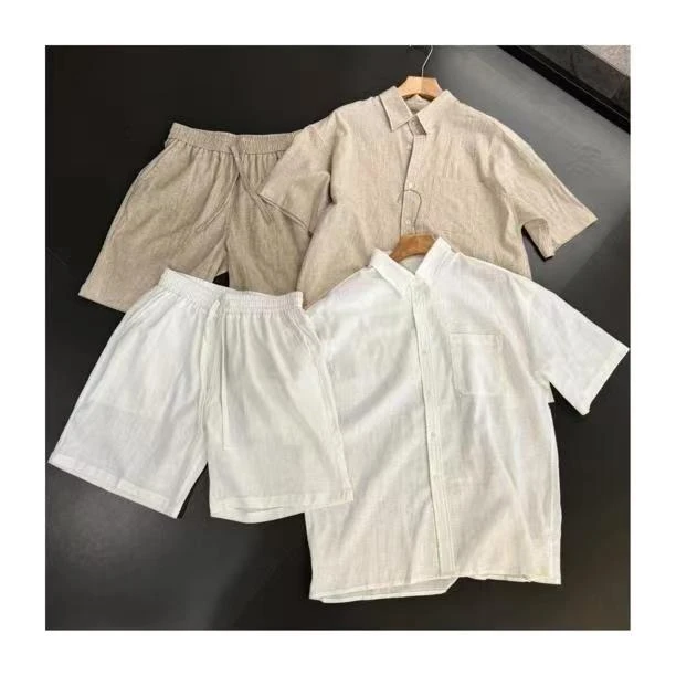 【亚麻套装可分开】夏季男士短裤短袖衬衫套装薄款舒适透气纯色百搭