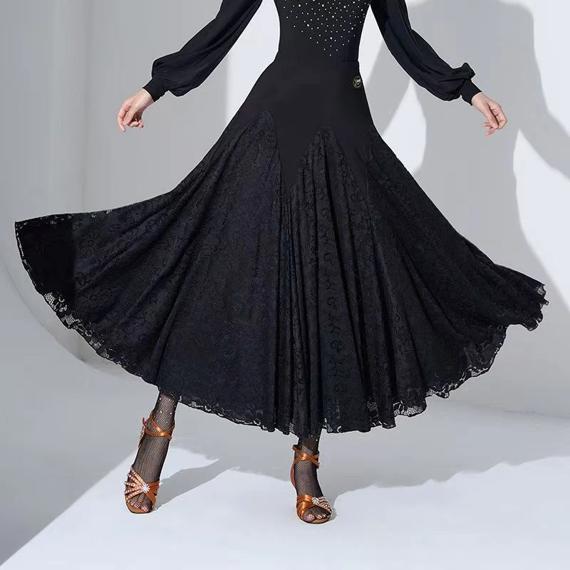 新款摩登舞黑蕾丝大摆裙女国标舞练习半身裙交谊舞广场舞表演裙