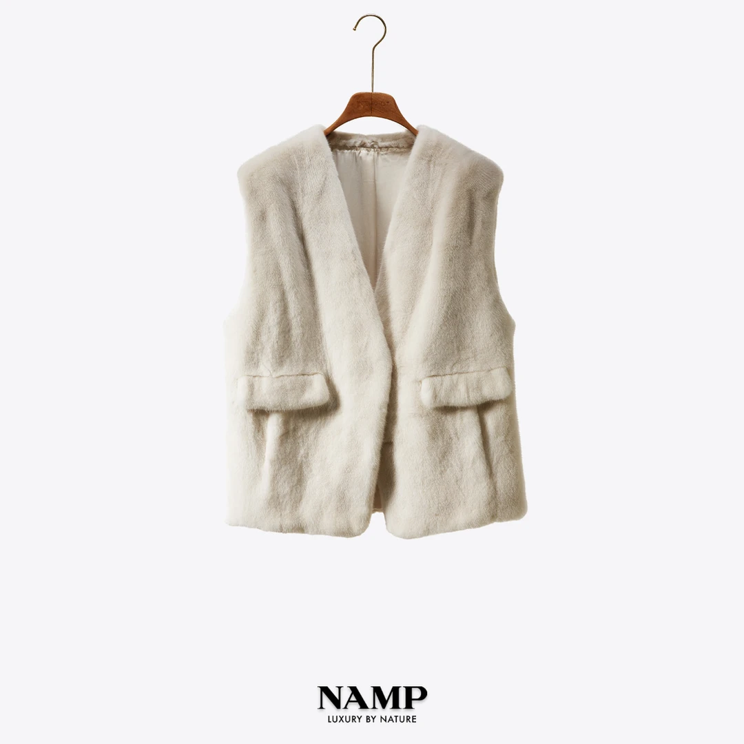 NAMPV领直排口袋中长款马甲 紫标天鹅绒短二水貂外套女