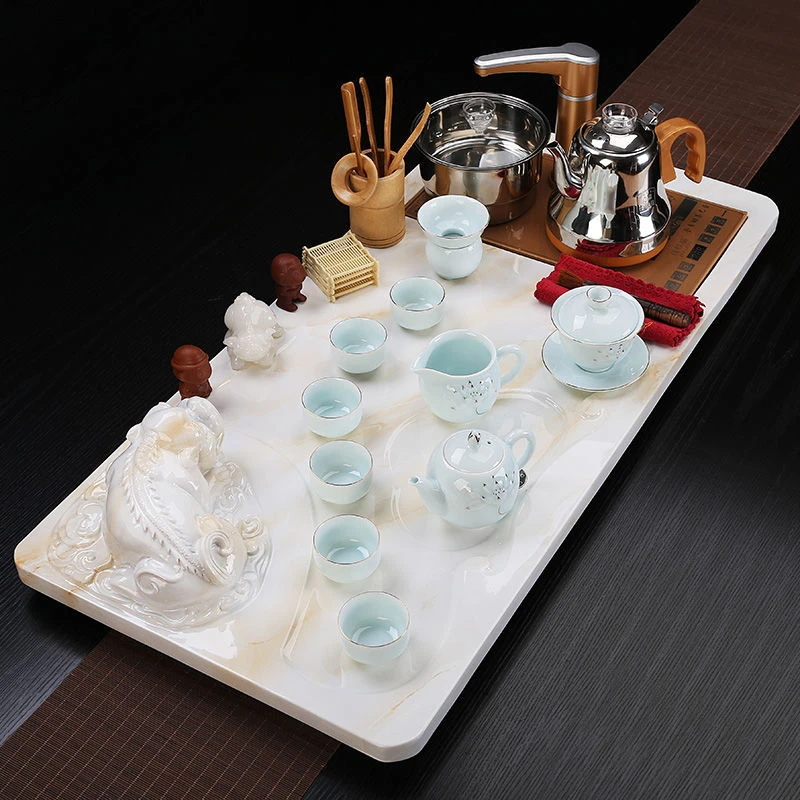 中式功夫茶具茶盘高档创意简约四合一家用客厅石材盘带排水烧水壶