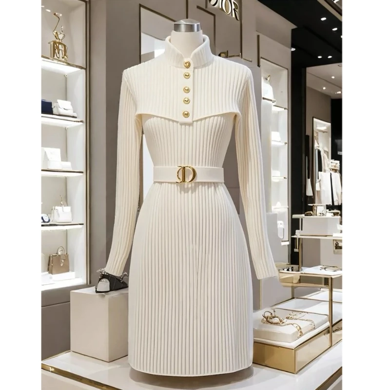 2024年秋设计感气质高级感重要场合内搭长裙小香风白色针织连衣裙