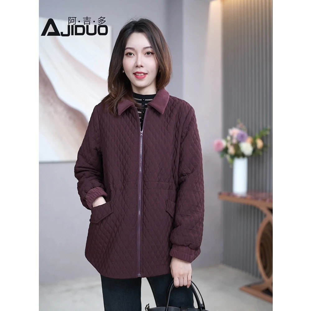 秋冬气质翻领夹棉外套2024新款中年大码抽绳显瘦保暖加厚棉服外套