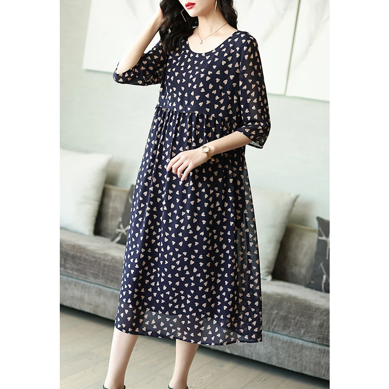 阿吉多妈妈高贵连衣裙女爱心印花五分袖气质雪纺长裙2024夏装裙子