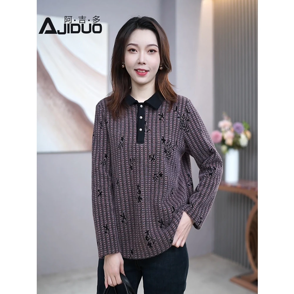 秋冬新款内搭单穿都好看气质翻领上衣女大码妈妈装时装打底t恤衫