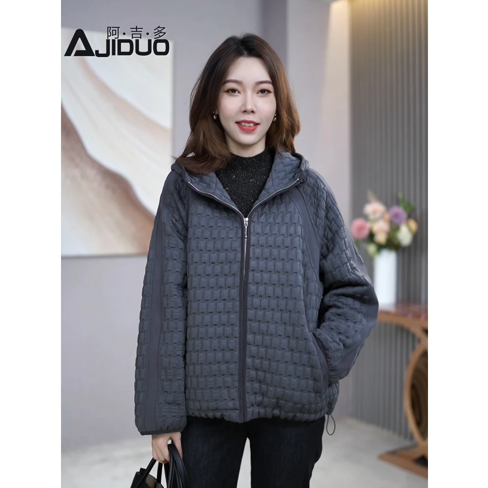 秋冬时尚拼接显瘦夹棉短外套2024年新款女士休闲百搭棉服连帽外套