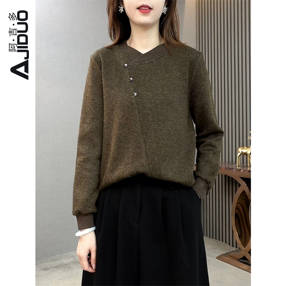 时尚设计斜边拼接上衣女秋冬2023新款大码遮肉显瘦百搭通勤t恤衫