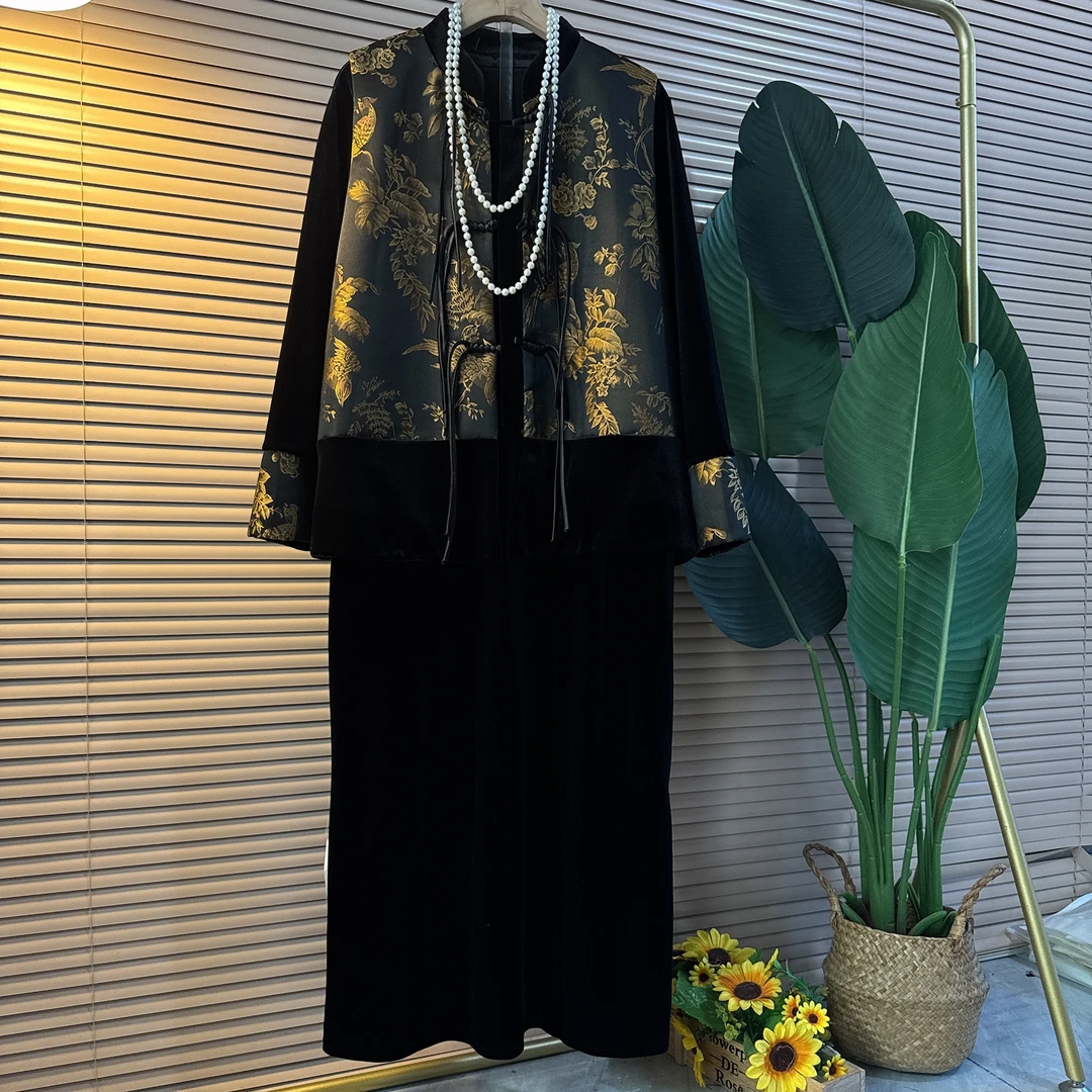 中国风秋季新款大码女装提花拼接盘扣流苏马甲丝绒长裙复古新中式