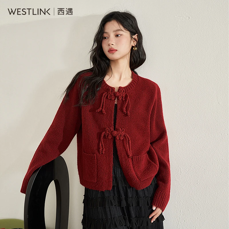 西遇新中式圆领毛织外套女2024春季新款国风盘扣设计感针织开衫