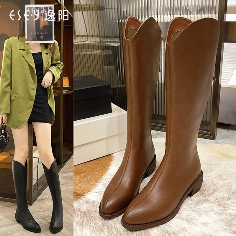 v口长筒靴女2023年新款后拉链中高筒靴显瘦骑士靴女百搭棕色真皮