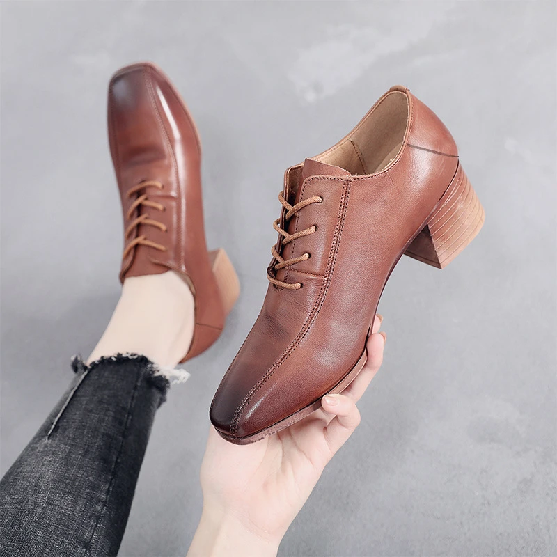 真皮女鞋高跟2022秋季头层牛皮英伦风小皮鞋女复古休闲单鞋301-3