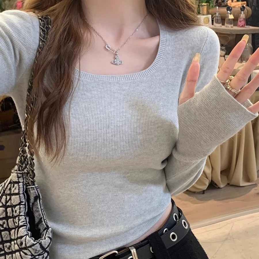 打底衫女2024新款秋冬灰色针织衫长袖高级感毛衣内搭方领修身上衣