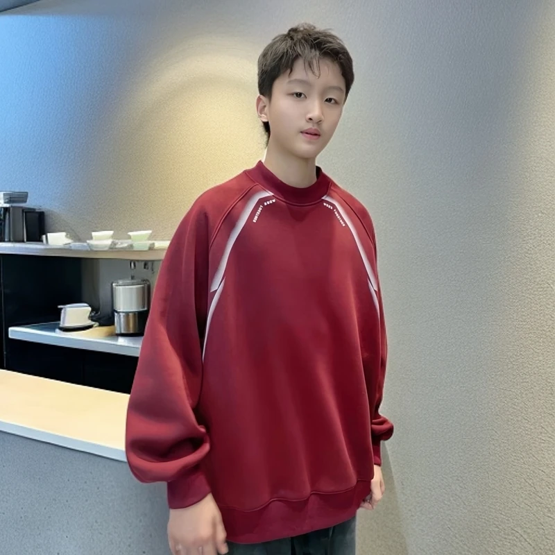 大童青少年加绒加厚卫衣冬装长袖时尚宽松圆领套头潮流秋冬打底衫