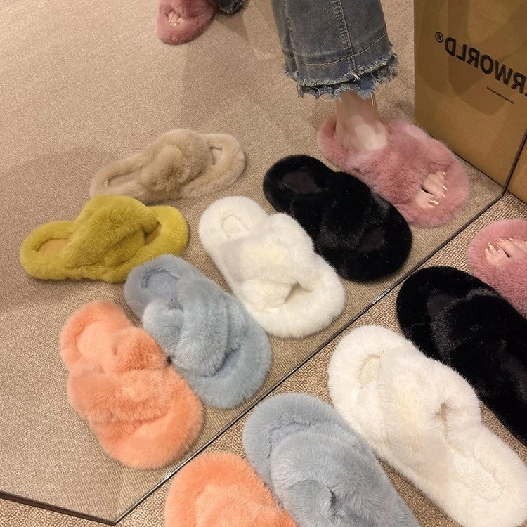 纪念日百货居家外穿休闲交叉毛毛拖鞋平底百搭秋冬季棉拖鞋A615