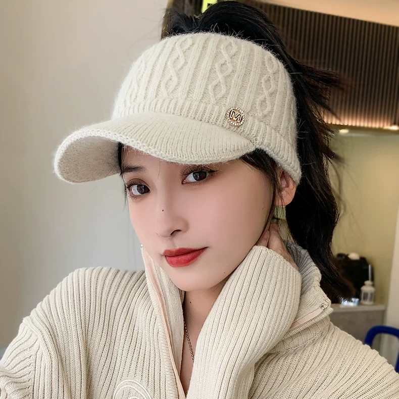 空顶帽女秋冬兔毛针织加绒加厚运动帽骑行跑步时尚百搭保暖帽帽子