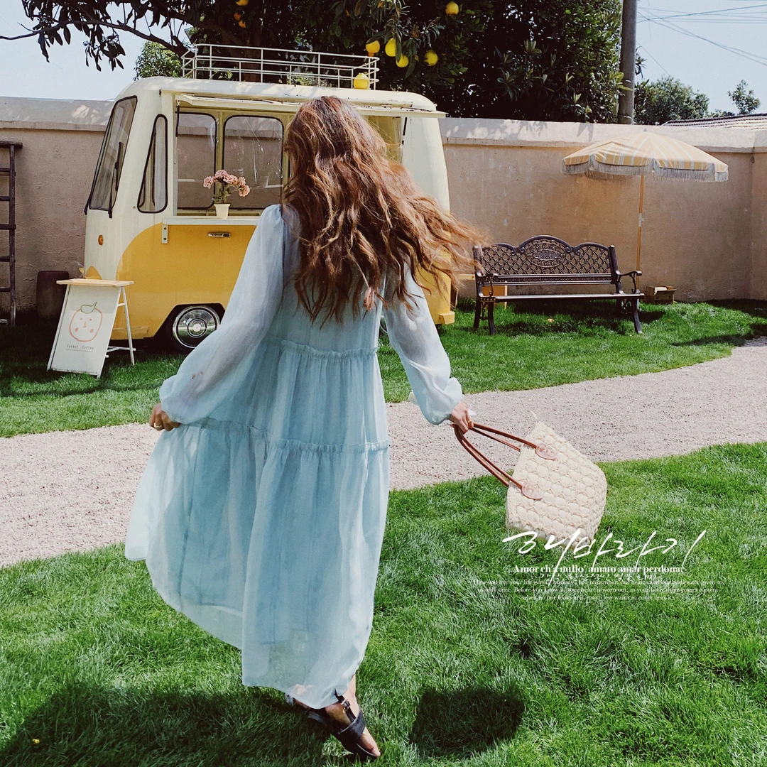 蝴蝶结绑带浪漫温柔晕染水波纹海水蓝木耳边大摆吊带两件套连衣裙