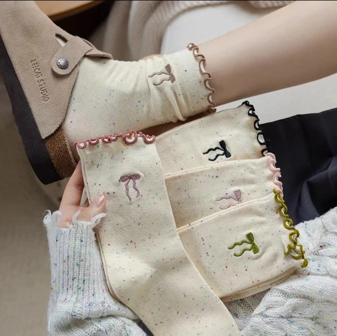 5双点子纱蝴蝶结中筒堆堆袜子女甜美木耳花边ins潮网红百搭日系