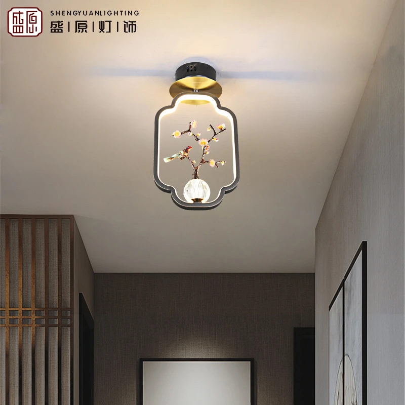 新中式吸顶灯过道阳台灯玄关走廊简约现代灯饰圆形全铜灯具走廊灯