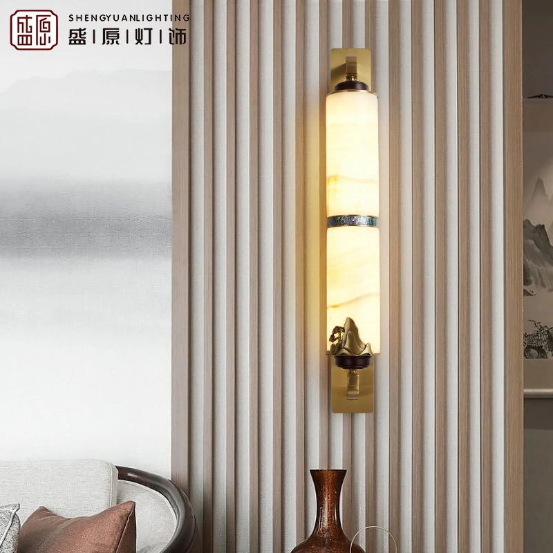 新中式铜+玉石壁灯客厅卧室床头玄关走廊古典禅意轻奢简约led壁灯