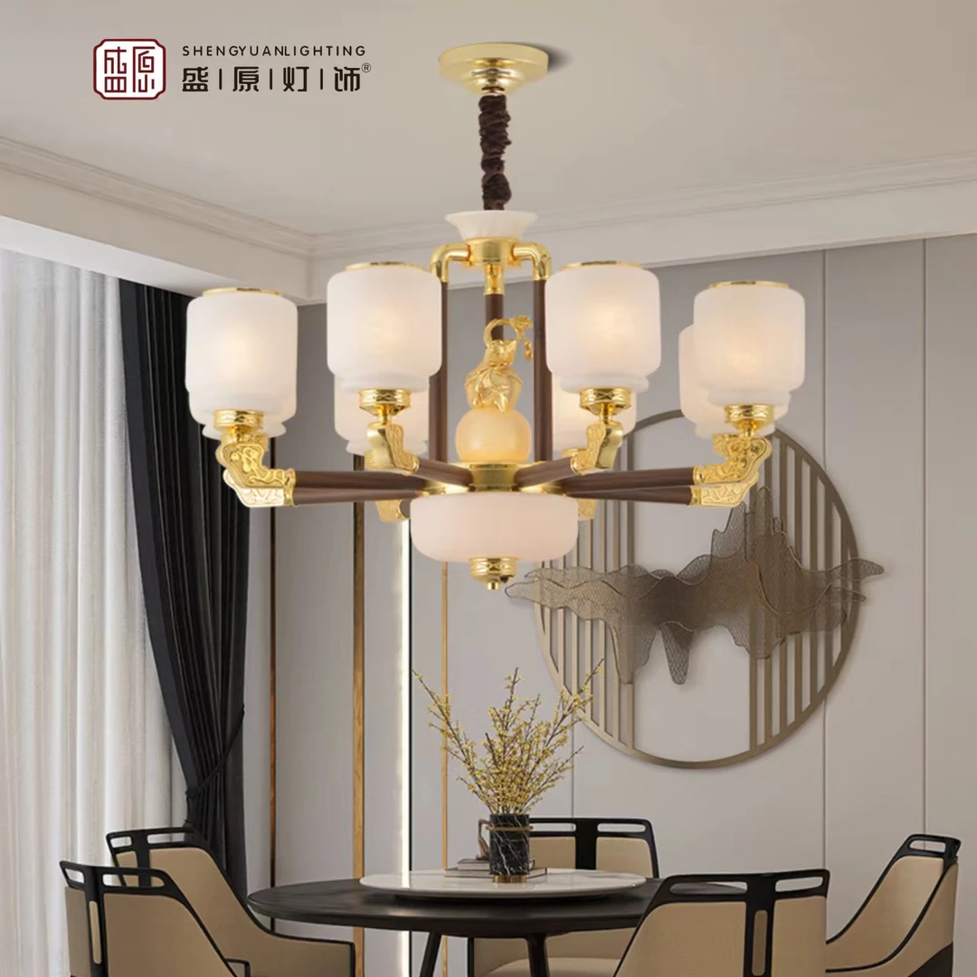 新中式铜+北美黑胡桃木吊灯客餐厅卧室别墅复式高端大气禅意吊灯