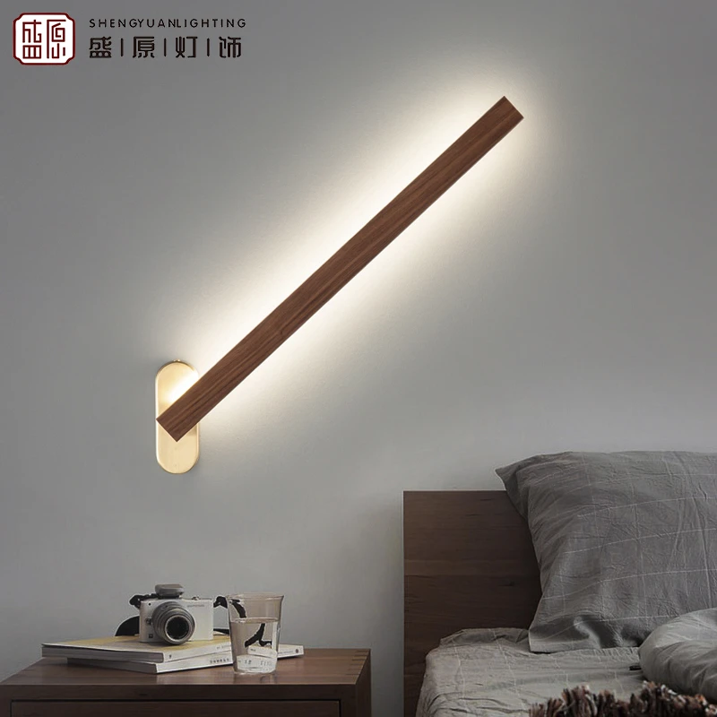新中式铜黑胡桃木走廊卧室墙壁灯中国风现代条形极简线条灯长条