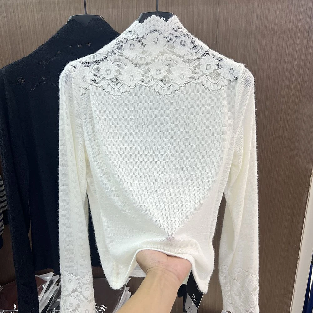 韩系高领蕾丝钩花打底衫女秋冬高级感配皮草内搭名媛风网纱上衣潮