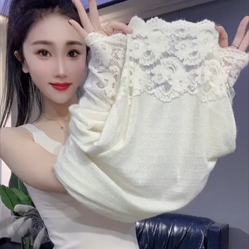 2024秋冬新款半高领提花蕾丝拼接打底衫女气质时髦修身内搭针织衫