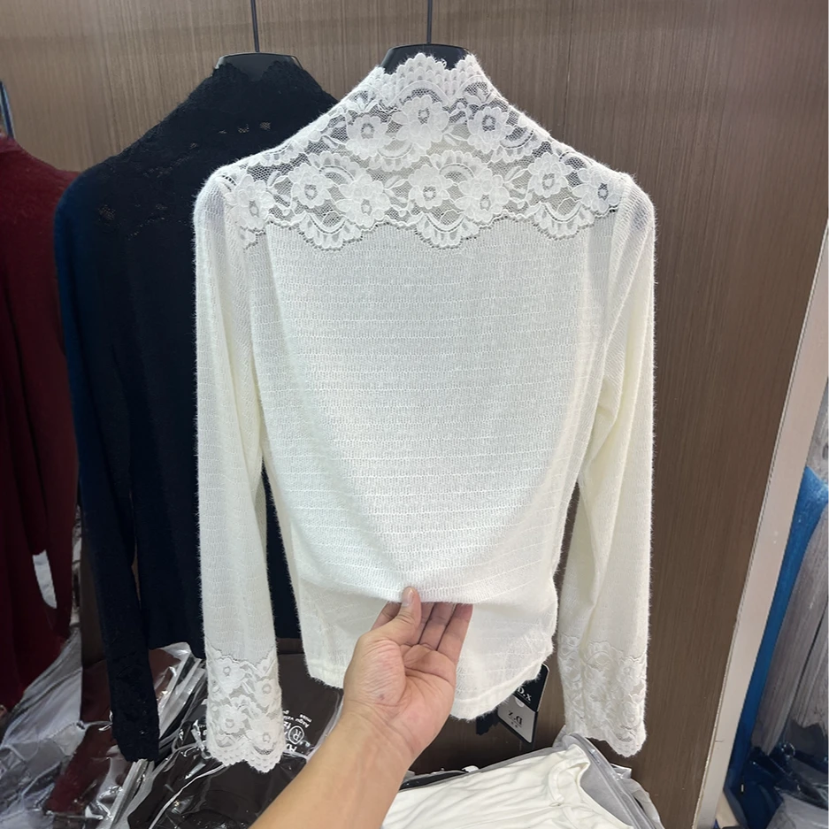 欧货镂空拼接蕾丝半高领长袖t恤女秋冬新款洋气内搭打底衫上衣潮