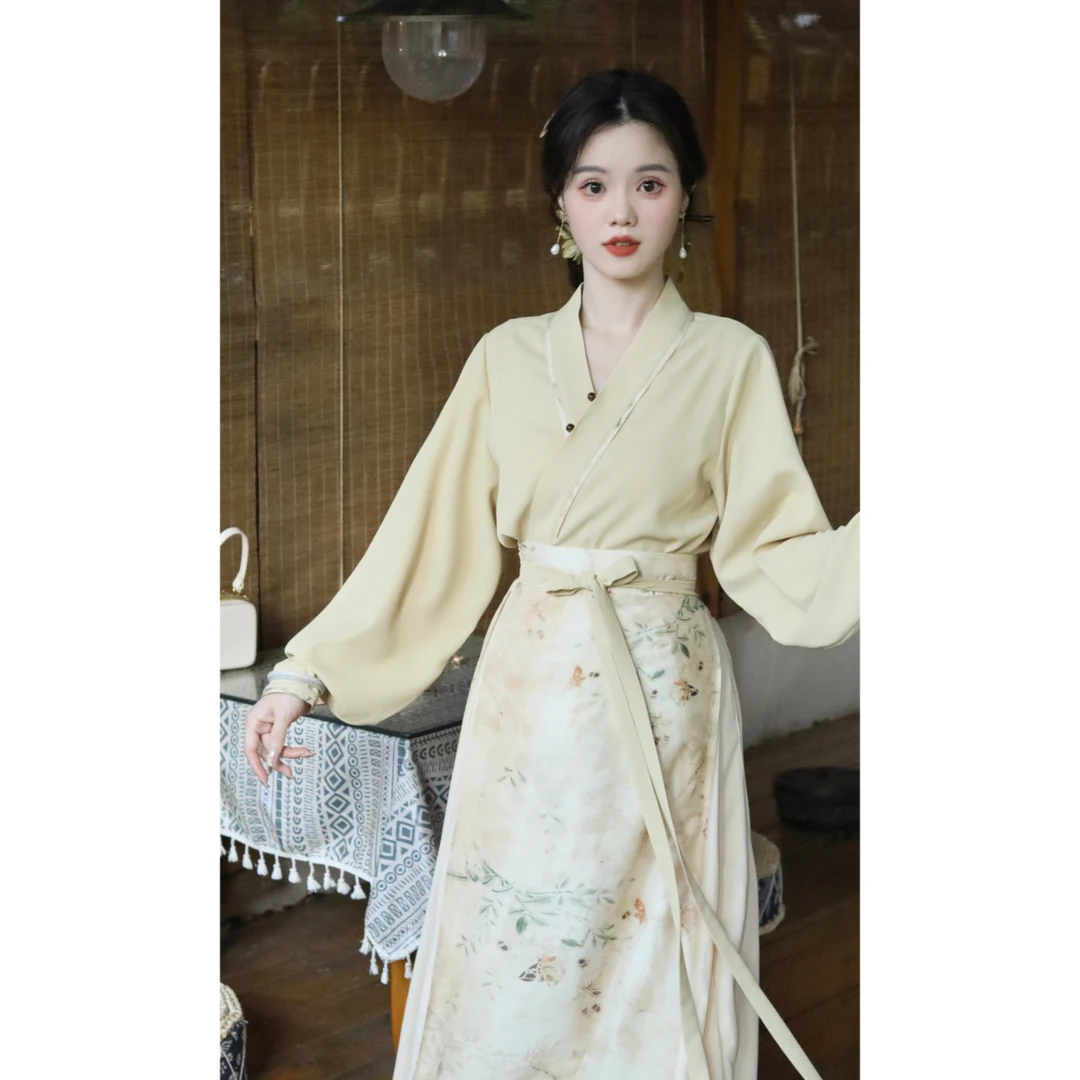 瑶西【金秋明月】新中式原创印花设计交领中国风两件套气质古风套装